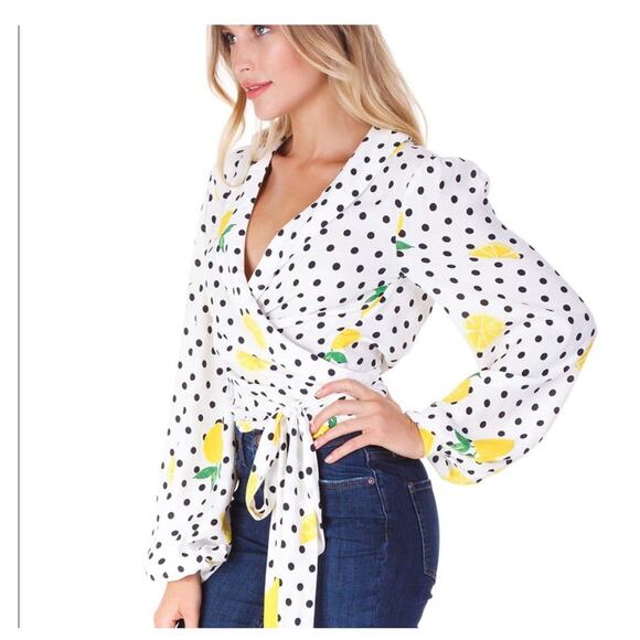 Lovers + Friends Mikayla Lemon Polka Dot Balloon Sleeve Wrap Blouse SZ S - Picture 2 of 11